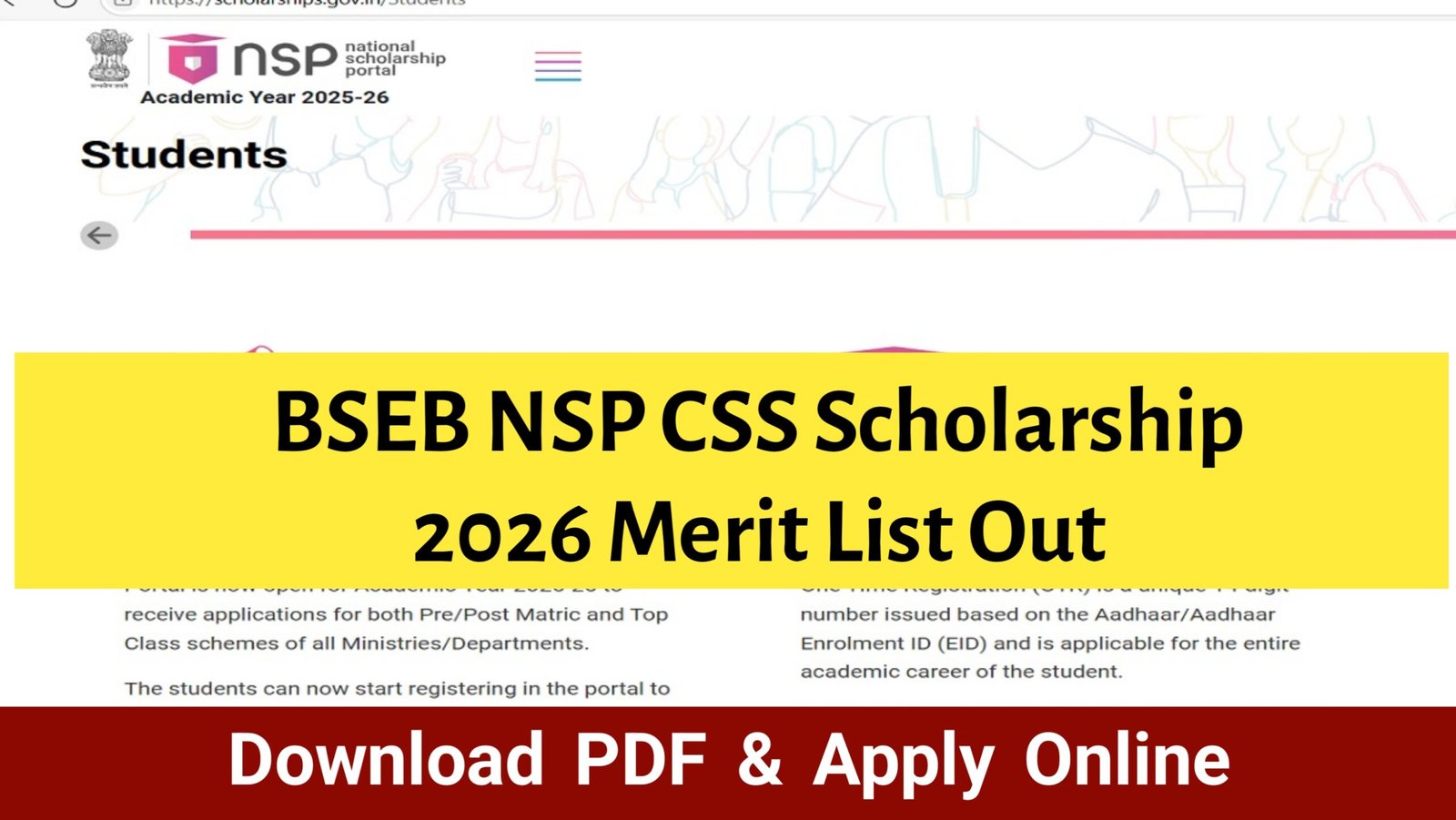 BSEB NSP CSS Scholarship 2026 Merit List Out, Download PDF & Apply Online
