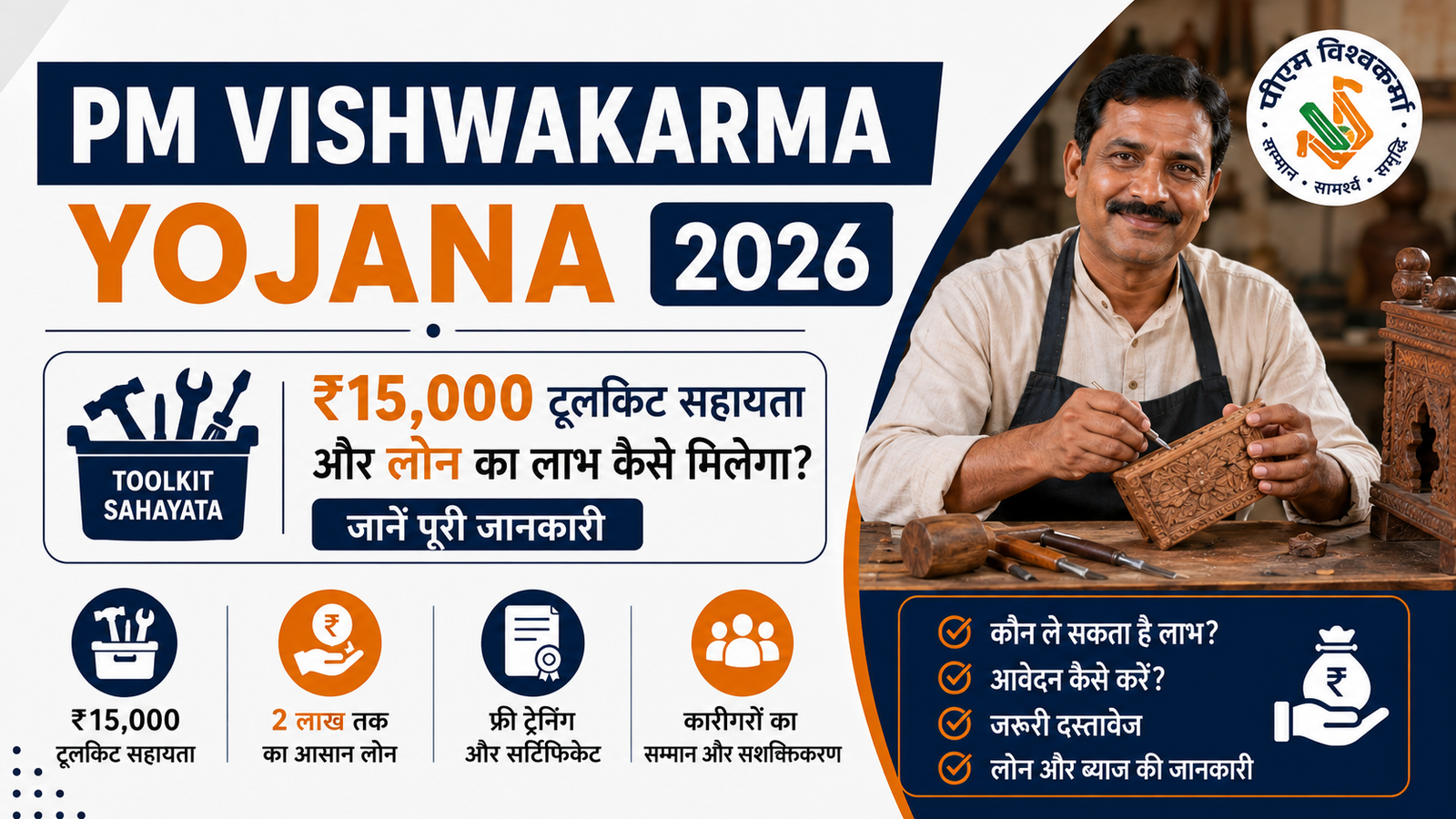 PM Vishwakarma Yojana 2026 : ₹15,000 टूलकिट सहायता और लोन का लाभ कैसे मिलेगा, जानें पूरी जानकारी।